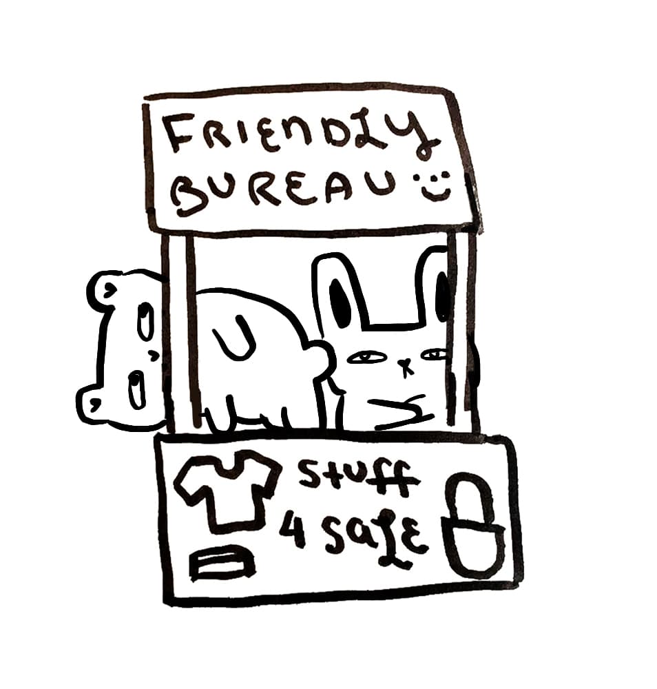 Welcoming drawing of two misubears in front of a Friendly Bureau store sign. They're probably up to no good.